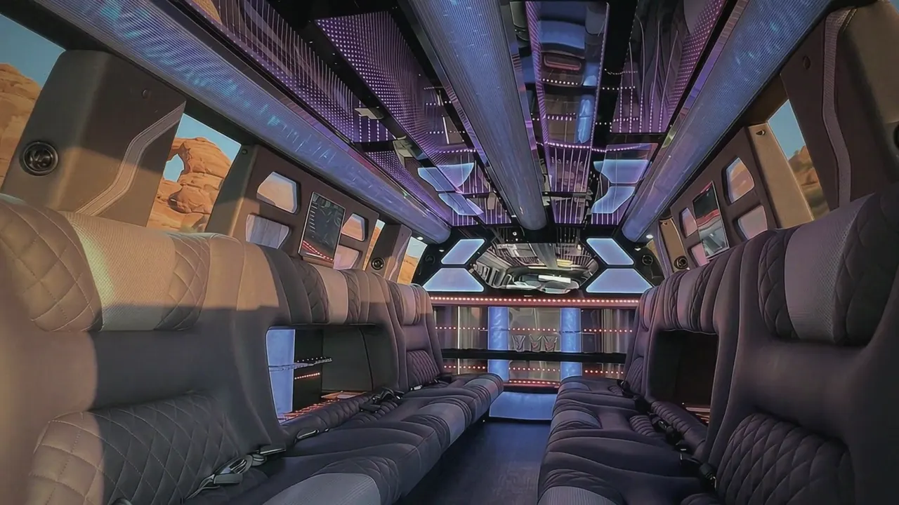 Cadillac Escalade stretch limo interior with color-changing lights and wrap-around leather seating