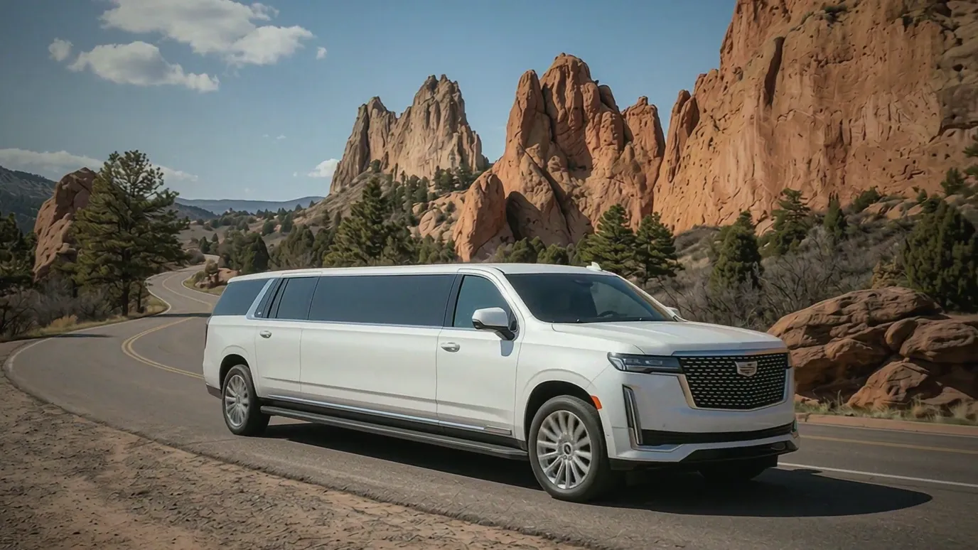 Boulder white Cadillac Escalade 20 passenger stretch limo