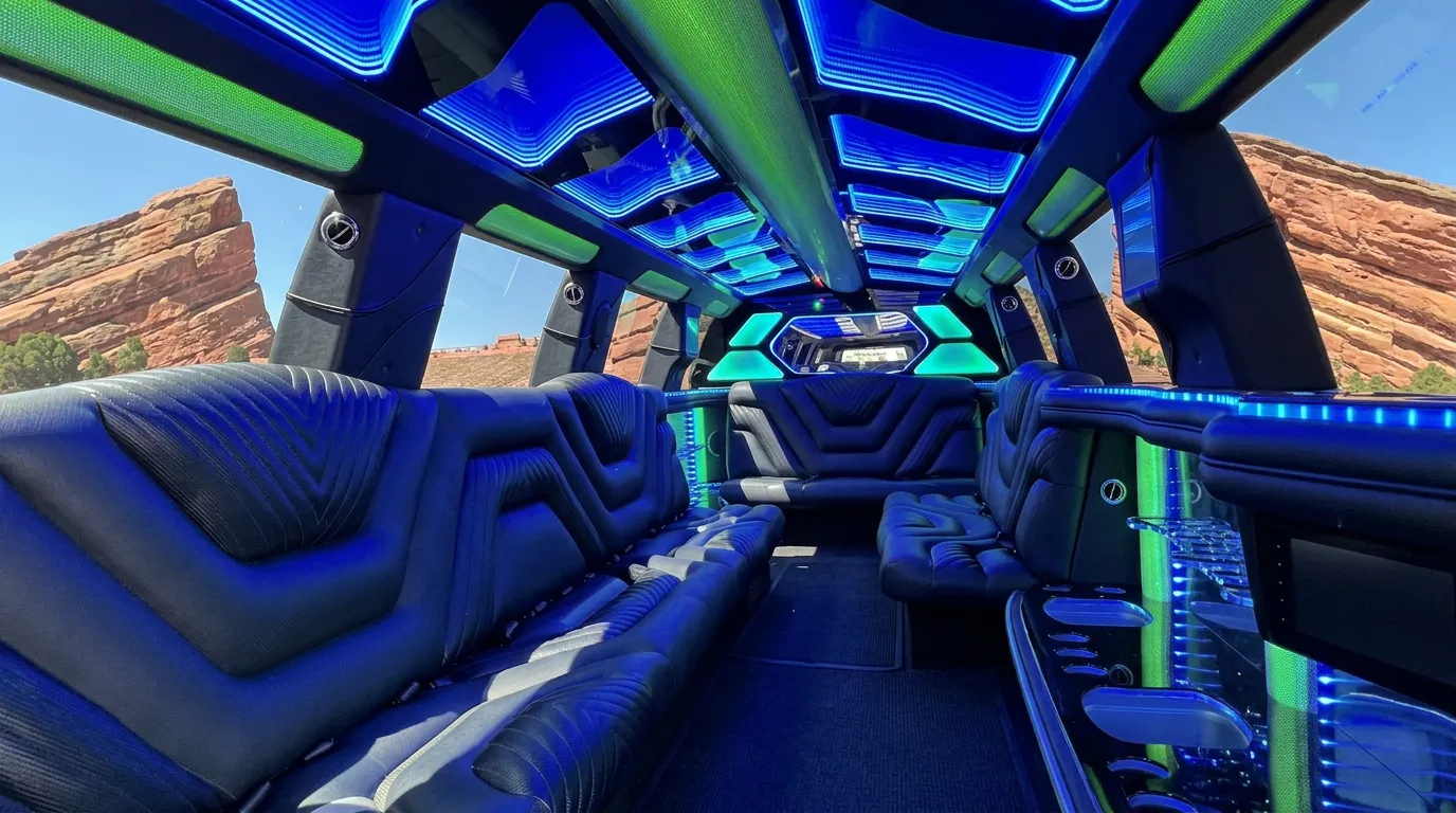 Inside the Chevy Suburban limo in Boulder: LED light-show ceiling, leather lounge seating and lit bar
