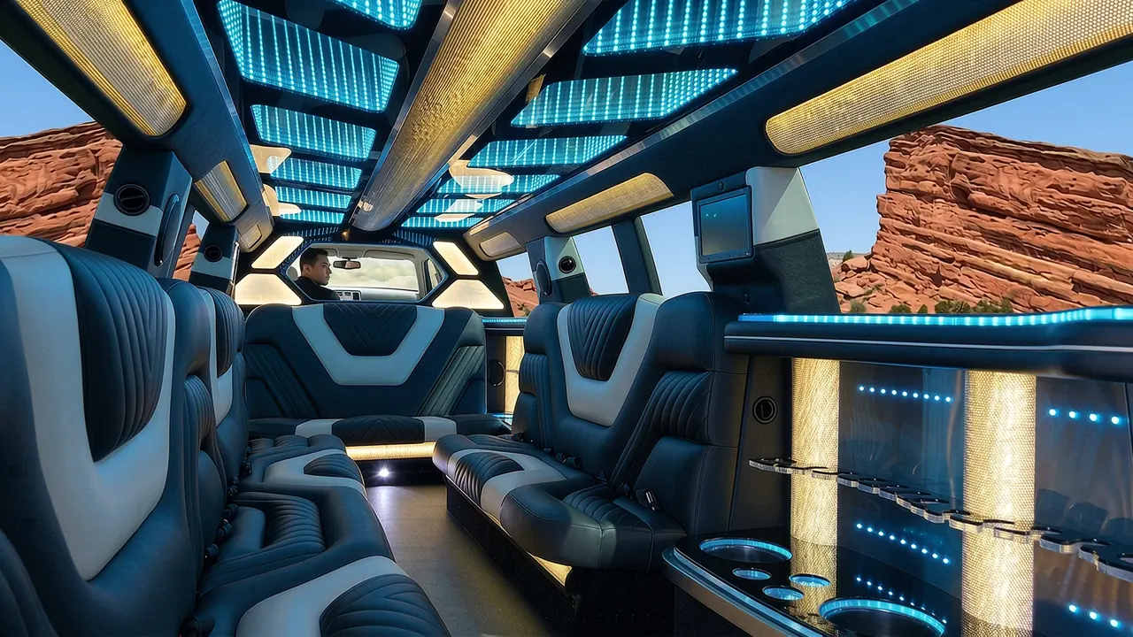 Inside the Mercedes GLS limo in Boulder: LED light-show ceiling, leather lounge seating and lit bar